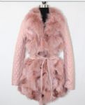 pink sheepskin coat with fox fur trimming